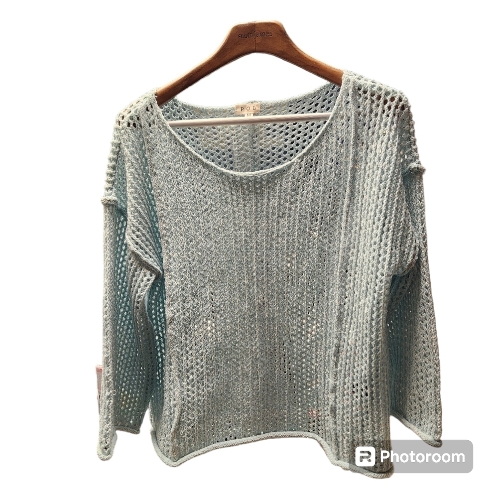 POL Womens sz M Long Sleeve Open Crochet Knit Beach Pool Coverup Pullover Mint